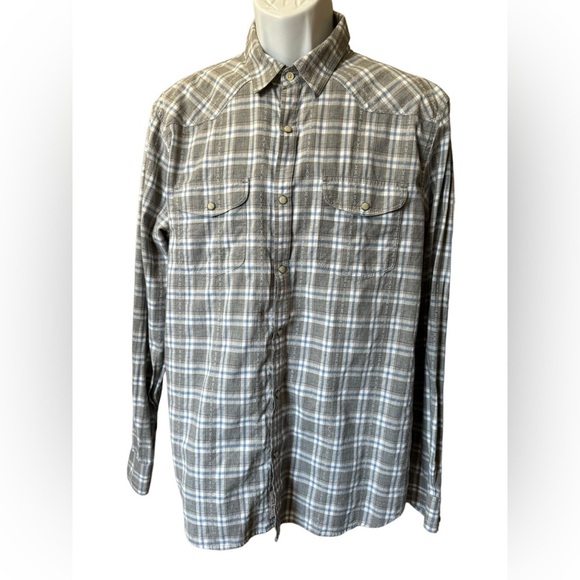 Lucky Brand Snap Down Shirt Classic Fit Western Men's Size L Gray Blue Plaid - Picture 1 of 6